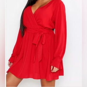 BOOHOO Plus Wrap Tie Waist Skater Dress